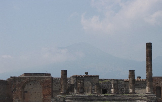 Mount Vesuvius, which destroyed Pompeii in 79AD, still lurks in the background