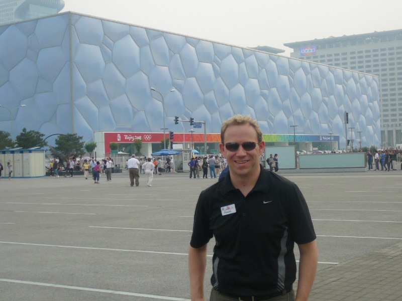 A picture of Shawn Power checking out the "Cube" swimming complex in Beijing, China