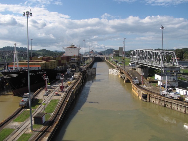 Nancy & Shawn leaving the Panama Canal and heading into the Pacific Ocean