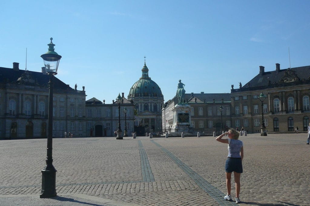 Nancy Power taking in the Square at the Amalienborg Palace with the Marble Church in the background