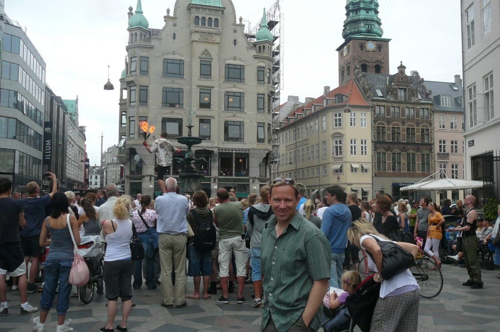 Shawn Power enjoying some of the street entertainers on the "Stroget" in Copenhagen