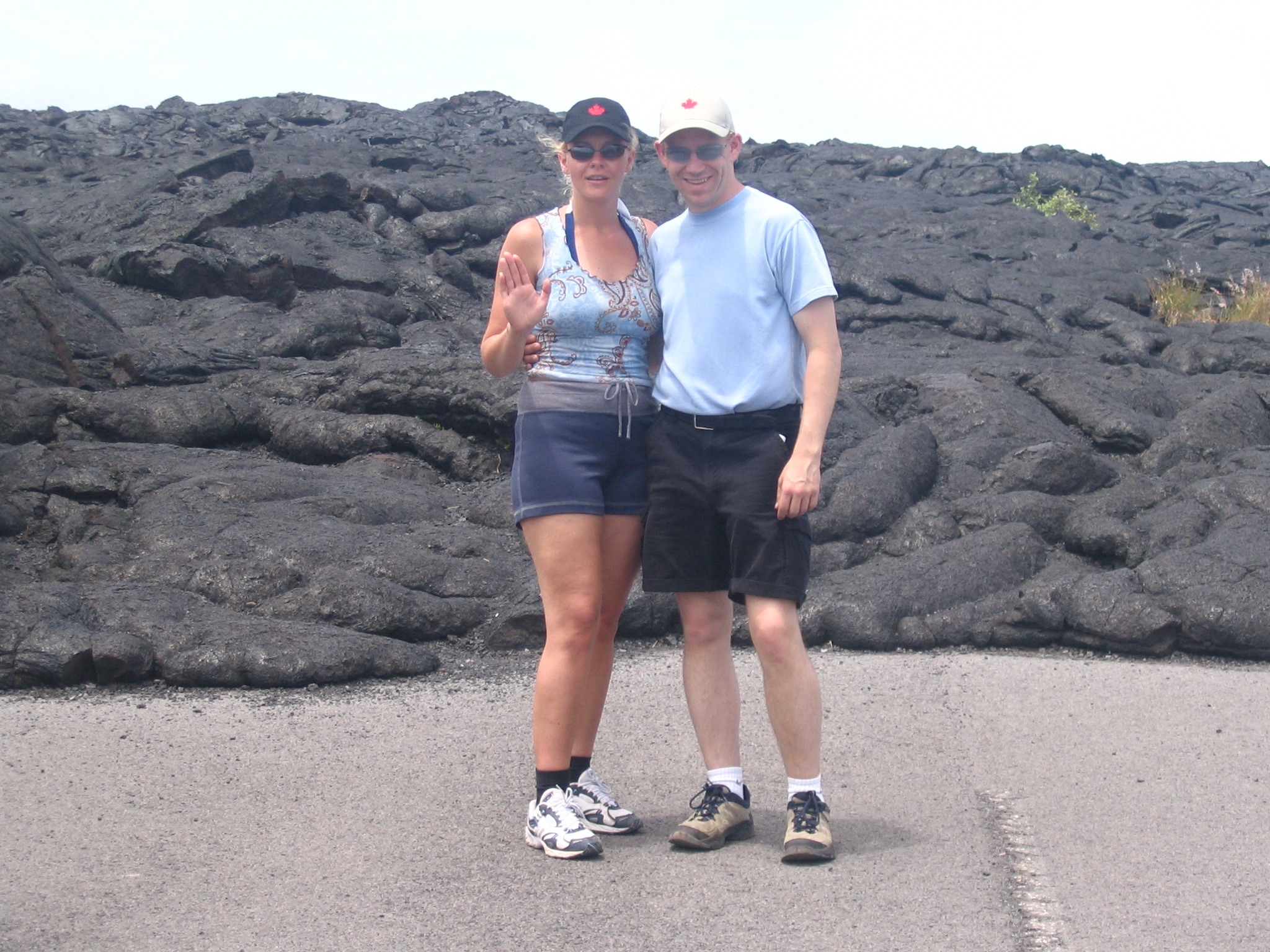 Nancy & Shawn Power at a road blocked off by lava flow