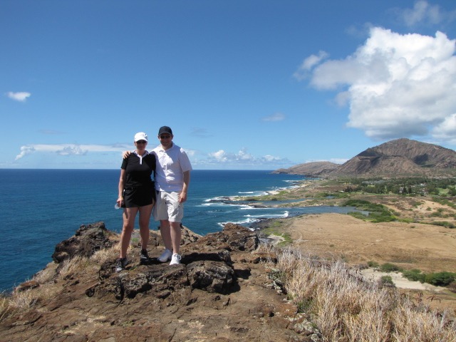 Nancy & Shawn Power enjoying a scenic view along the Makapuu Trail in Oahu, Hawaii