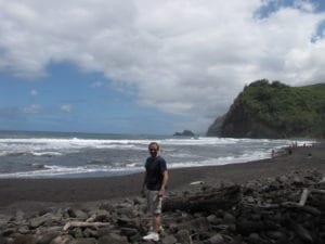 Shawn Power at the black sand beach in the Pololu Valley on the Big Island in Hawaii