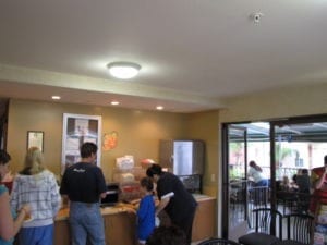 The free continental breakfast area at the Peacock Suites in Anaheim, California