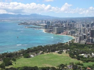 Nancy & Shawn Power's view of Waikiki Beach from on top of Diamond Head Crater that they experienced after hiking up there