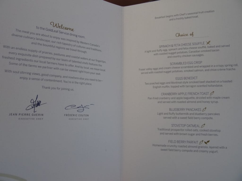 Rocky Mountaineer breakfast menu