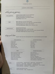 Regent Seven Seas Explorer Compass Rose dining room Anytime menu