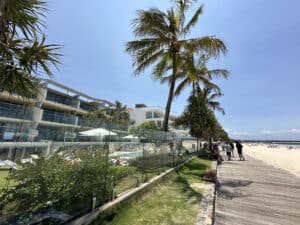 Boardwalk & resorts at Noosa Beach in Noosa on the Sunshine Coast of Australia during a port stop in Mooloolaba during a Bali to Sydney Regent Cruise