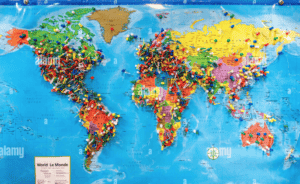 World map with pins in it