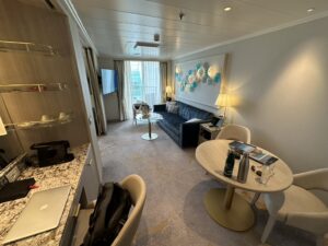 Living room in a Sapphire Veranda Suite onboard Crystal Serenity