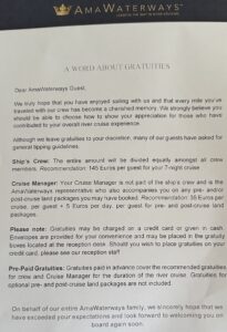 How much are gratuities tips onboard an AMA Waterways river cruise
